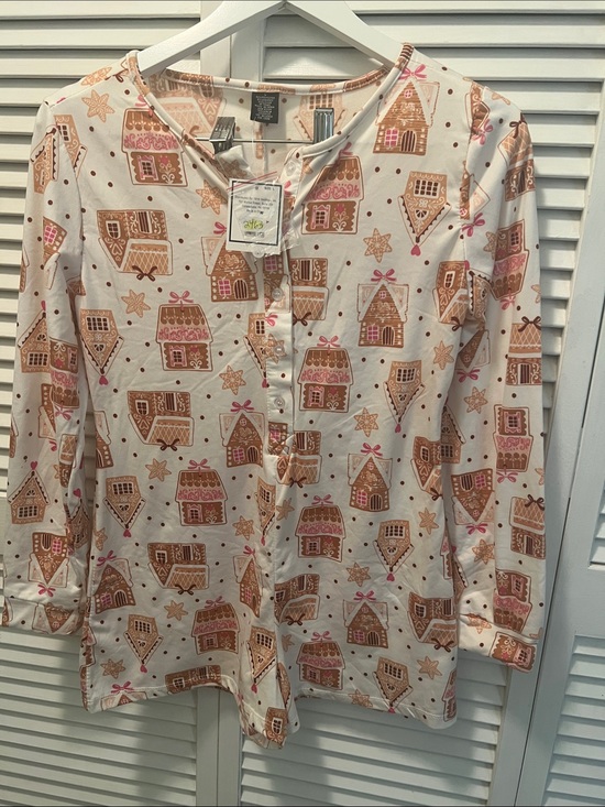5B Style Women Jump-Short Other - #2463**Gingerbread House Print Pajama Jump-short - Cream with Brown and Pink